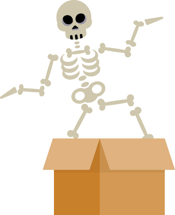 Kelly the Surplus Inventory Skeleton in the cupboard
